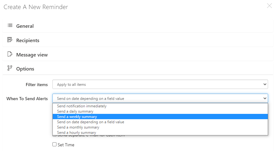 Reminder settings for defining when to send a reminder about an upcoming event