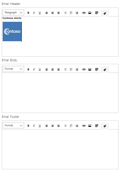 Default header, footer, and message body settings for alerts and notifications