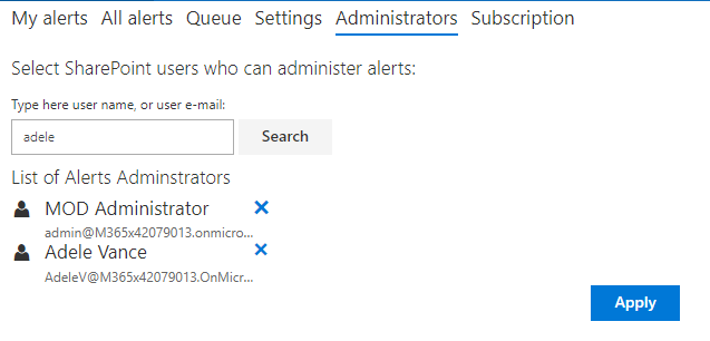 Assigning administrators in the Administrators tab of the Virto Alerts app