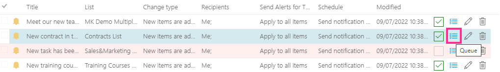 The queue icon next to an alert that opens the Queue tab in the Virto app