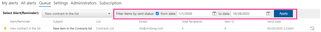 List of times an alert was sent within a chosen start and end date range