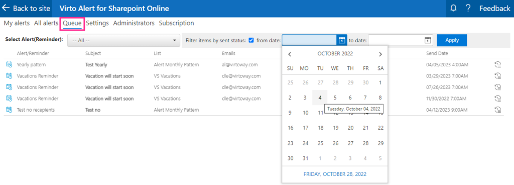 Queue tab tracking alerts and reminders sent during a specified period