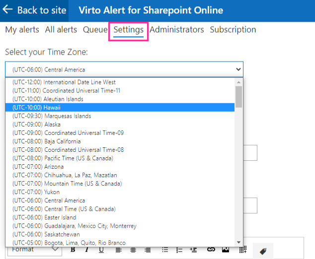 Choosing the time zone in the Settings tab of the Virto Alerts app
