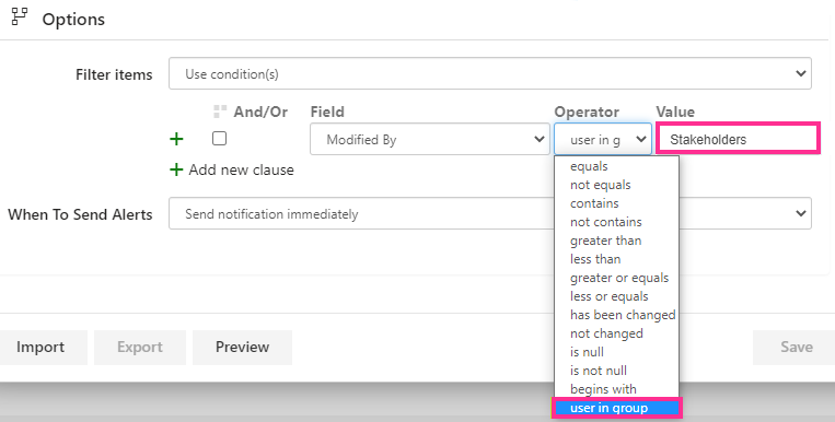 Adding the User in group operator to the Modified by field in a Virto Alert condition