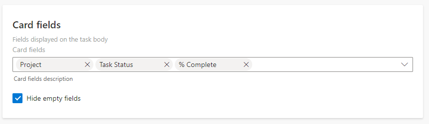 Card fields settings choosing which fields show on cards with a Hide empty fields option