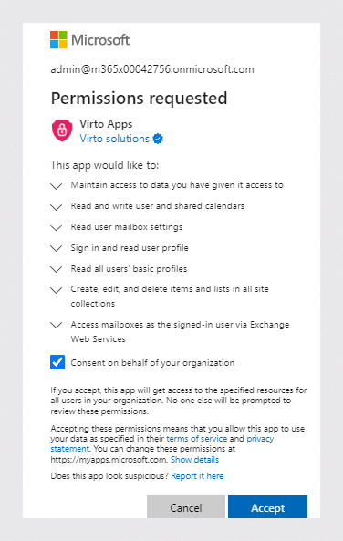 Azure AD consent dialog with the Consent on behalf of your organization checkbox and Accept button