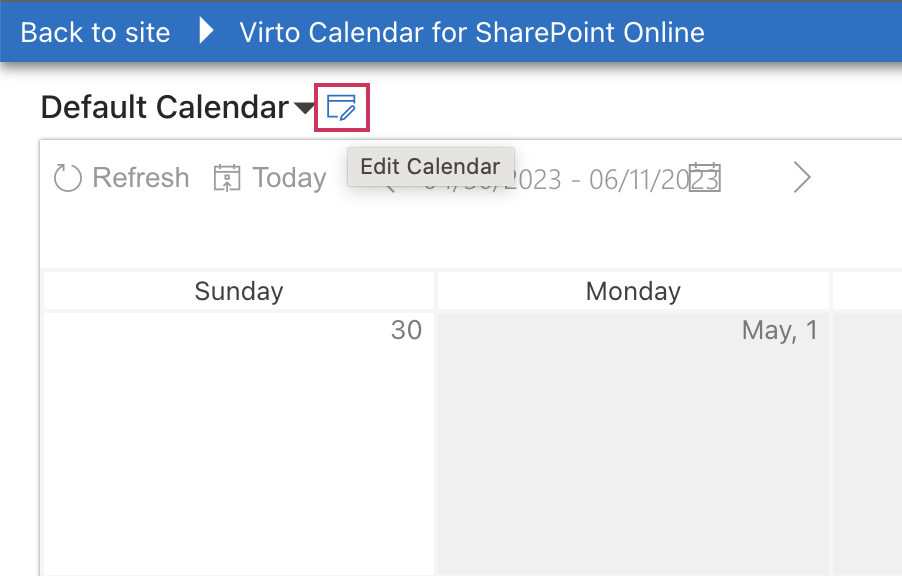 Edit Calendar icon at the top left of the Virto Calendar App