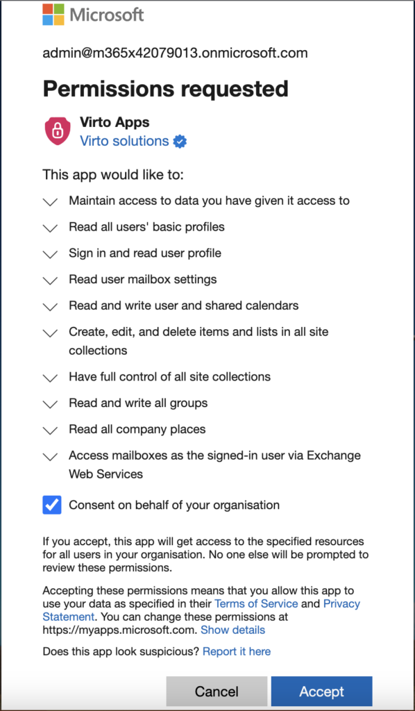 Expanded list of required permissions with the consent checkbox and Accept button for the Virto Calendar App