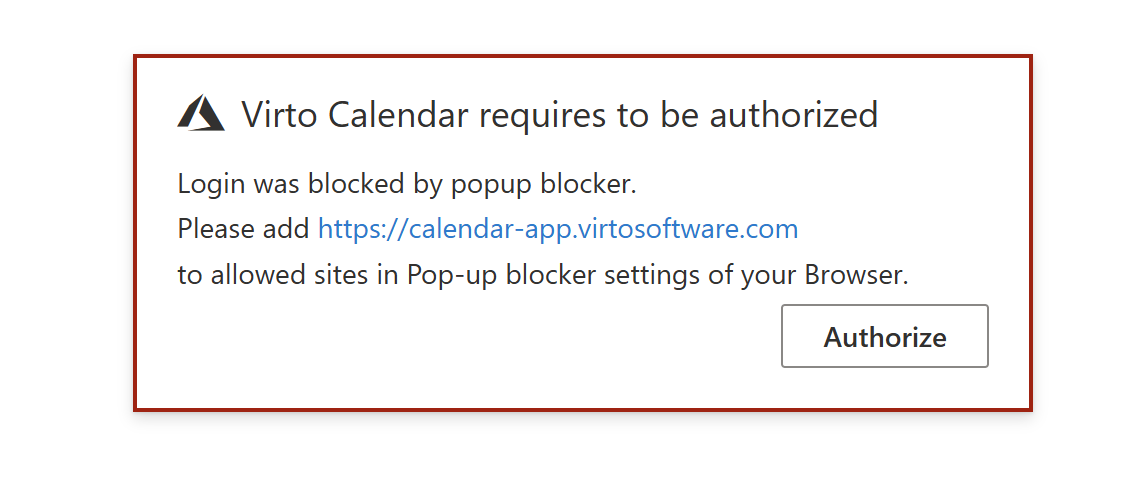 Permission request prompt with the Login to Azure AD button for Virto Calendar
