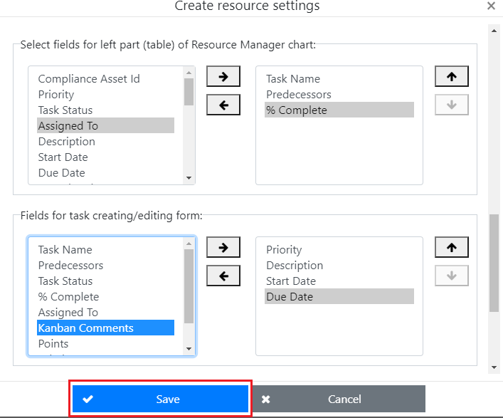 Save button used to store the newly configured resource