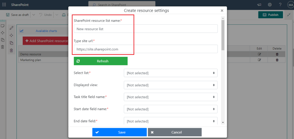Entering the resource name and the SharePoint site URL that holds the source data