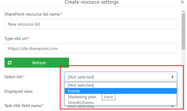 Choosing the source SharePoint list from the dropdown for the new resource