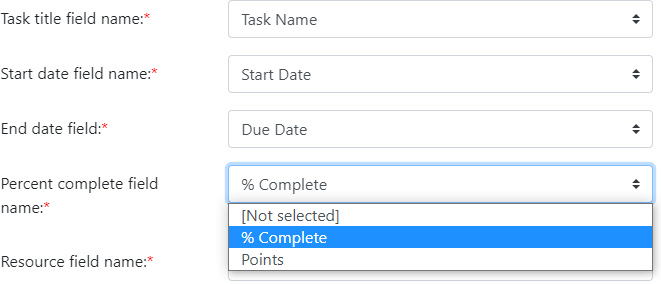 Mapping list columns to the Task title, Start Date, End Date, Percent complete and Resource fields