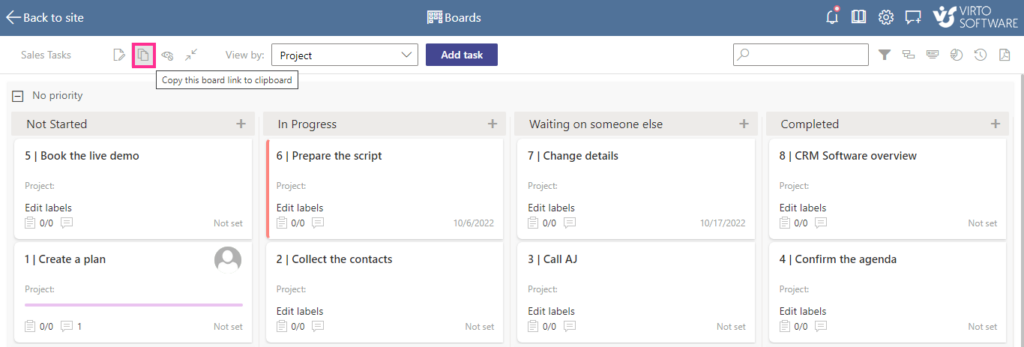 Copy icon on the Virto Kanban Board header for copying the board link to the clipboard