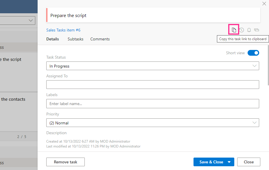 Copying the direct link to an individual task on the Virto Kanban Board