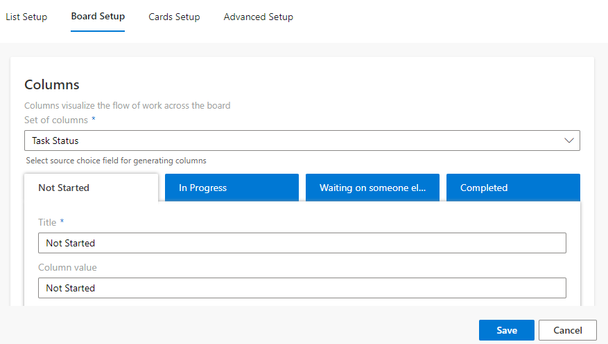 Board Setup tab with basic board settings in the Virto Kanban Board App