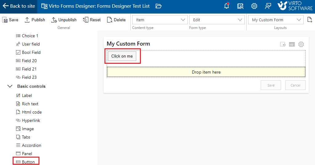 Button control on a Virto SharePoint form that runs a JavaScript event on click