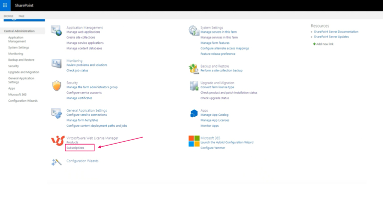 Subscriptions menu item used to view licenses for Virto products