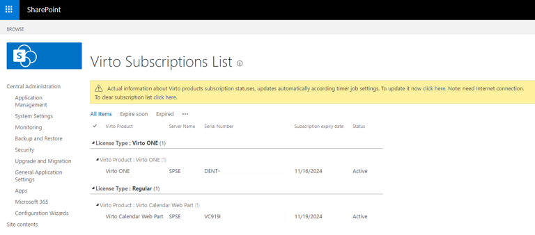 Current Virto product subscriptions list with their license status
