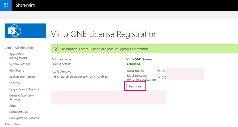 Deactivate button on a Virto subscription used when renewing a subscription or license
