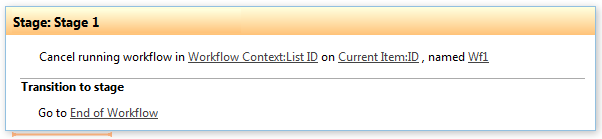 Example of the Cancel running Workflow activity configured with list, item, and workflow name in a Virto workflow