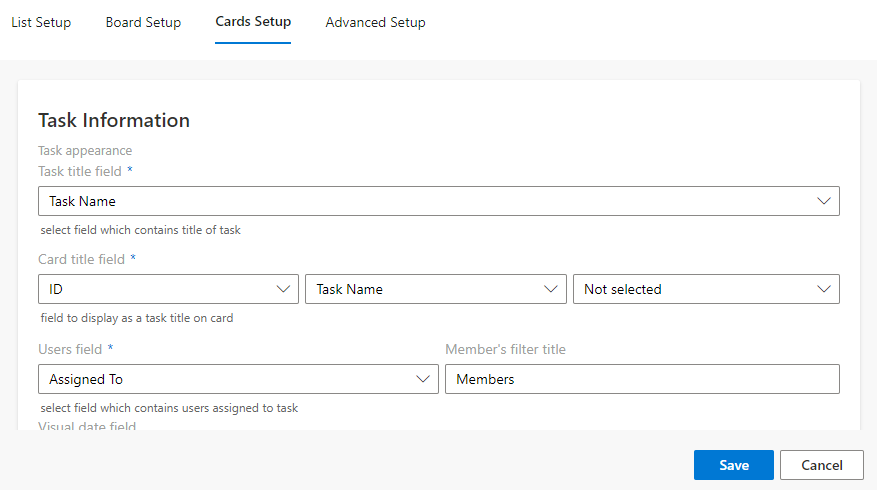 Cards Setup tab in Virto Kanban Board App holding all card and form settings