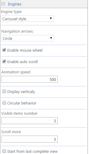 Carousel engine settings with navigation arrows, mouse wheel, auto scroll, and animation speed options