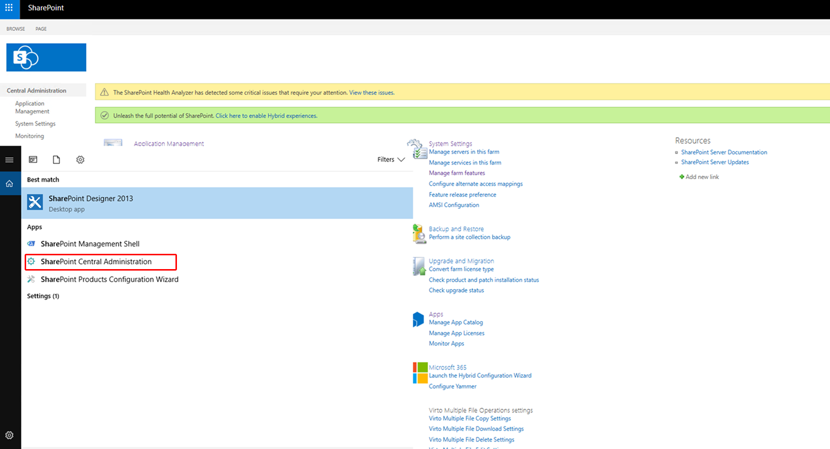 Launching SharePoint Central Administration after installing Virto Workflow Automation
