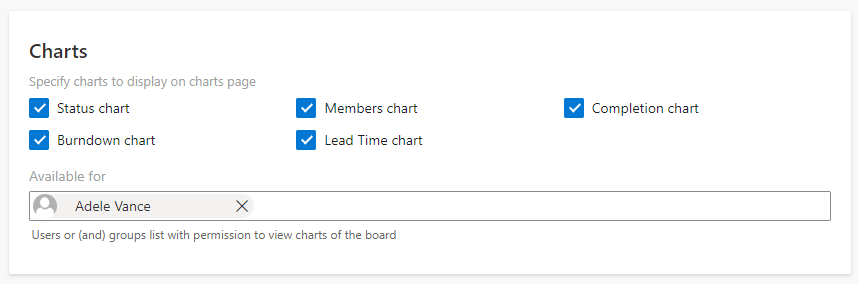 Chart settings in Virto Kanban Board for choosing which charts to show and who can access them