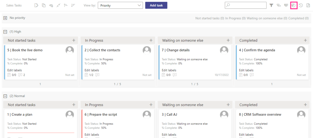 Charts icon in the upper-right corner of the Virto Kanban Board to open the chart view