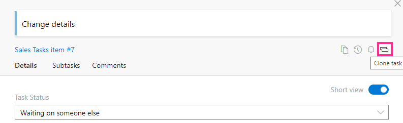 Clone task icon in the Virto Kanban task form for copying a task's details