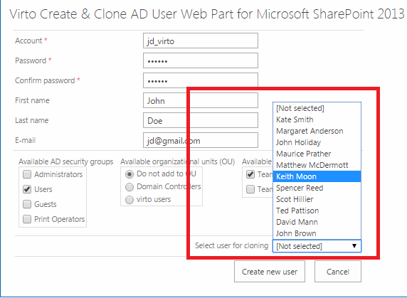 Selecting the user to clone from and clicking Create new user in the Virto Create and Clone AD User web part