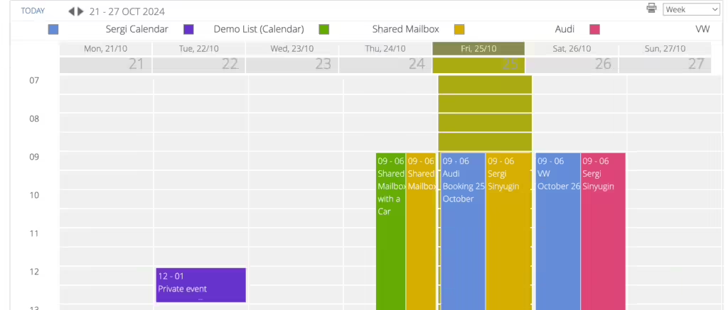 Virto Calendar Week view showing the applied background and header colors