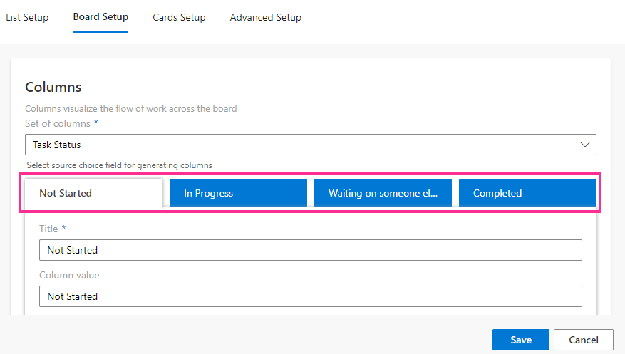 Column field setting in Virto Kanban Board Board setup defining the choice field for columns