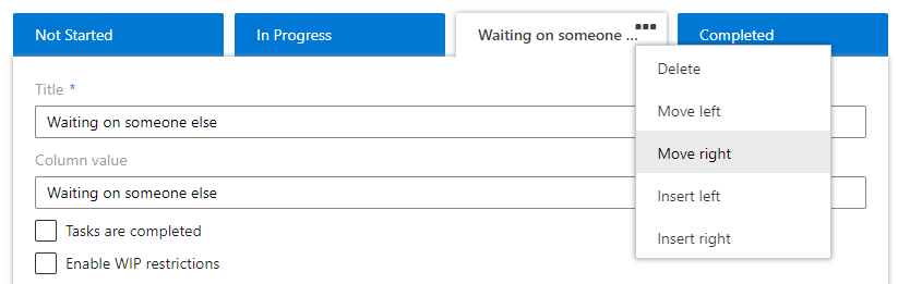 Column options menu in Virto Kanban Board for moving a column left or right or deleting it