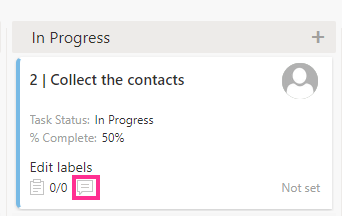Comments icon on a Virto Kanban task card, double-clicked to add a new comment