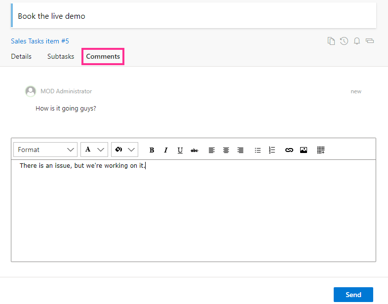 Comments tab open in the Virto Kanban task form for leaving a comment