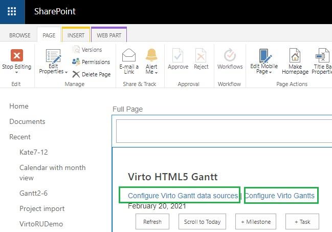 Configure Virto Gantt data sources and Configure Virto Gantts links shown in SharePoint edit page mode