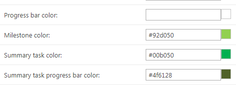 Defining colors for the progress bar, milestones, summary tasks and summary task progress bar