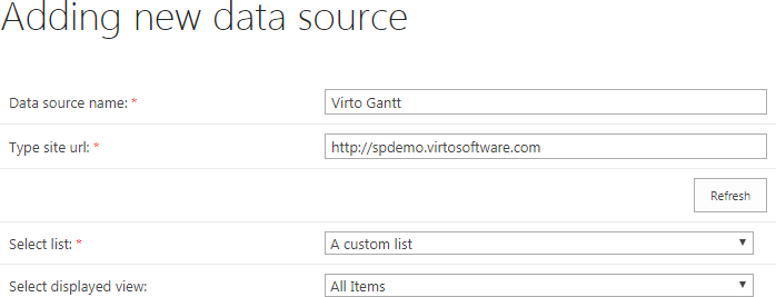 Selecting the SharePoint list and view with tasks to display in the Virto Gantt data source