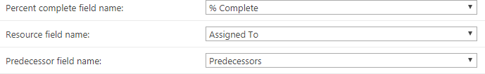 Mapping start date, end date, percent complete, resources and predecessor fields for the data source