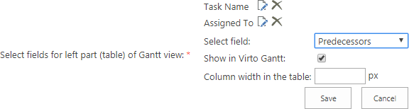 Selecting at least one field to display in the left table part of the Gantt view