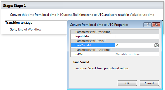 Convert Date from Local Time to UTC activity in the Virto Workflow Designer converting a date value to UTC
