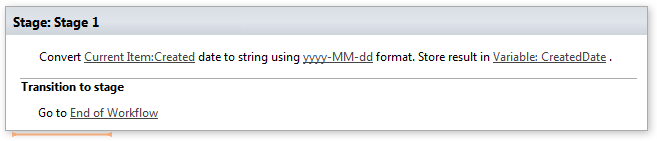 Example workflow converting a DateTime value to a string using a custom .NET format
