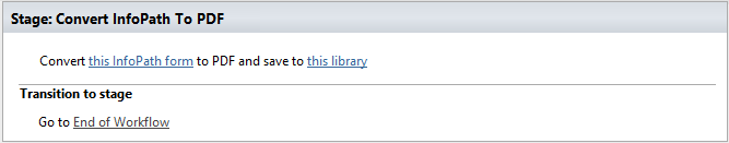 Convert InfoPath to PDF activity shown as a SharePoint Designer phrase