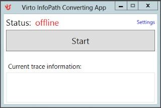 Virto Converting App running after installation, with the Settings link to start configuration