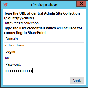 Virto Converting App Settings form for configuring the Central Admin connection before clicking Apply