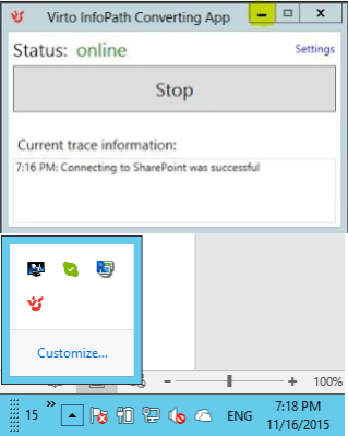 Virto Converting App showing online status and trace information after clicking Start