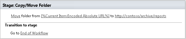 Example of the Copy/Move Folder activity configured in a SharePoint Designer workflow