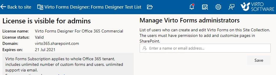 Users button on the Virto Forms Designer ribbon for opening permission settings